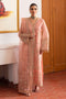 NAQSHI Muzna flamingo‑pink organza gown‑style shirt with V‑neckline, heavy Islamic‑Mughal embroidery, sequin lace panels, mid‑slit and matching straight‑cut silk trousers.