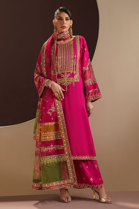 Full front view of ZUHI pink embroidered long shirt showing boat neckline and geometric adda work
