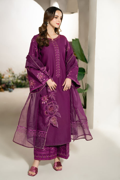 Organza dupatta from NAQSHI Tamana draped over the shoulder, showing cutwork motifs and lace border
