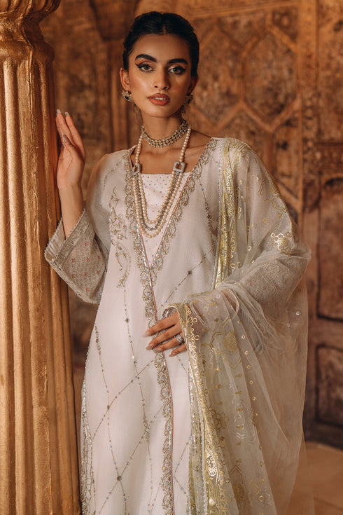 Close-up of NAQSHI Afrin shirt showing silver tilla work, mirror details, lace borders, and fine finishing