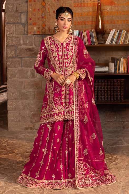 Naqshi kaavish berry‑pink Indian raw‑silk A‑line gown with boat neckline, dense hand‑adda embroidery—kora, dabka, crystals, sitari, cut‑dana, tilla, payal, naqshi motifs.