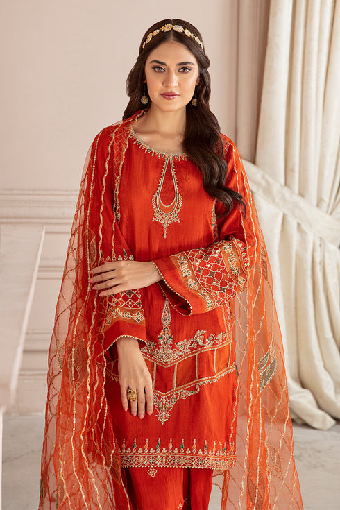 Front portrait of Syara dress showing boat neckline embroidery and detailed dupatta work, ready to wear festive clothing.