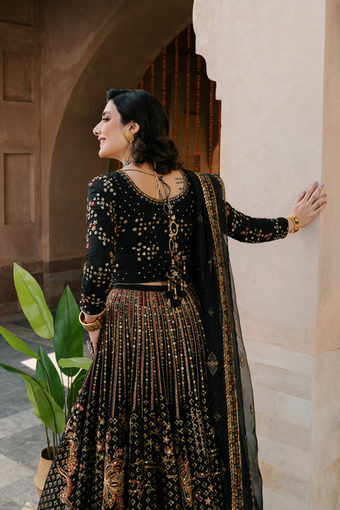 Back view of NAQSHI Kaif choli featuring heavy handmade tassels, full adda embroidery and sequin accents on shoulders and sleeves