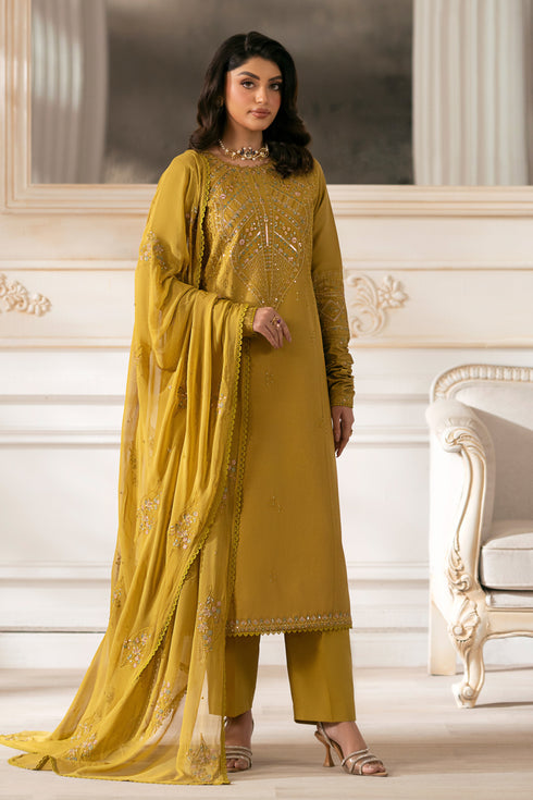 NAQSHI Nageena mustard cambric straight-cut shirt with delicate embroidery around round neckline and lace finish at hem