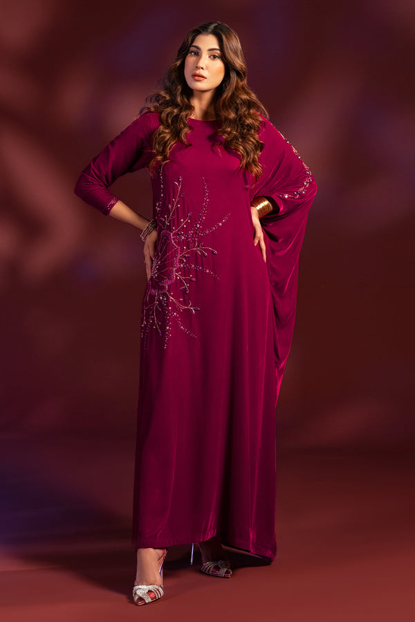 NAQSHI Aelin shocking pink velvet kaftan tunic with floral hand embellishment, dolmen sleeve, and elegant event ready look