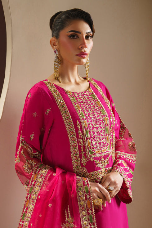 Three quarter portrait of ZUHI ready to wear dress showing sleeve embroidery and lace finishing