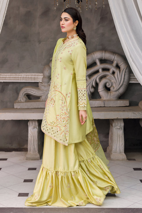 Side angle of Sophie pistachio A line open gown showing sharara flare and dupatta fall