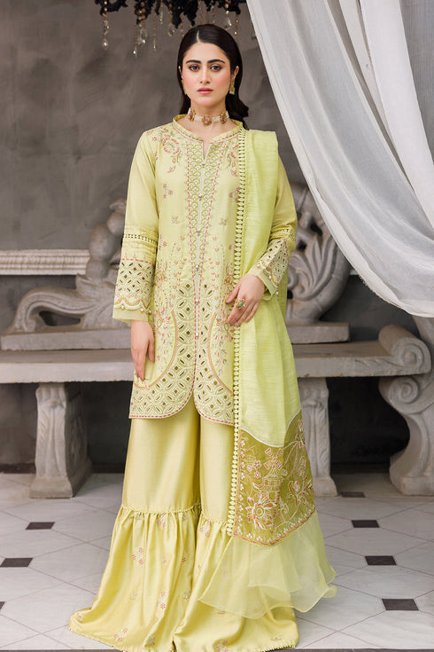 NAQSHI Sophie pistachio cotton satin short gown with sharara and organza dupatta embroidered ready to wear festive outfit