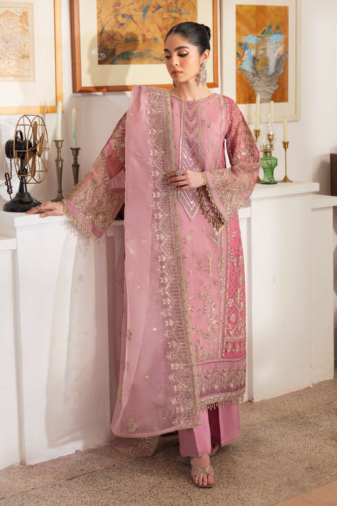 Model wearing full NAQSHI Nayab 3PC set: pastel & berry-pink organza shirt with embroidered panels, straight culottes, crystal sleeve hangings & embroidered dupatta.