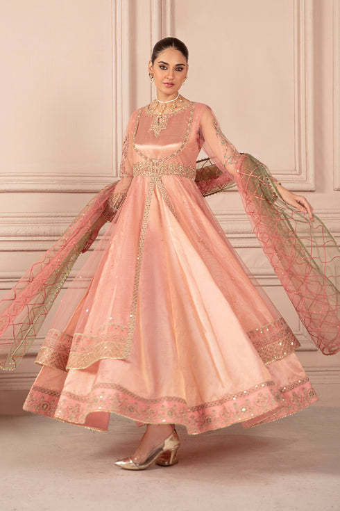 Front flare view of NAQSHI Amella pink gown style frock highlighting layered tissue inner and embroidered borders