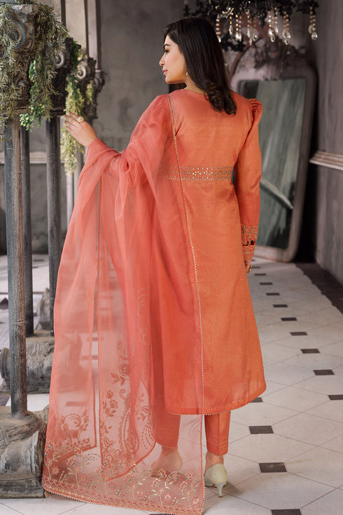 Side angle view of peach frock with embroidered organza dupatta drape