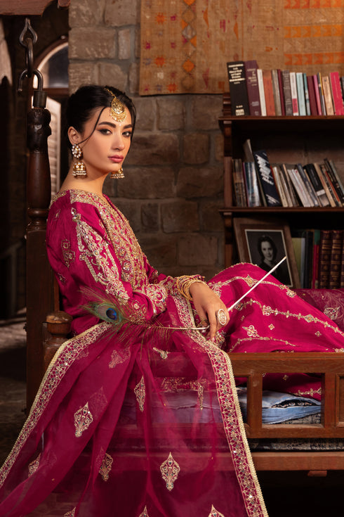 Model wearing full naqshi kaavish 3PC set: berry‑pink hand‑adda gown, matching sharara, and ornate dupatta styled for modern formal appeal.