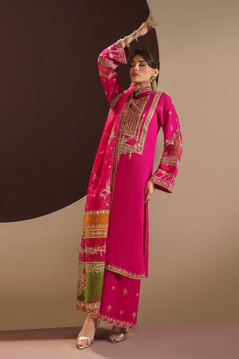 Walking pose of ZUHI dress showing contrast organza dupatta with paisley embroidered borders
