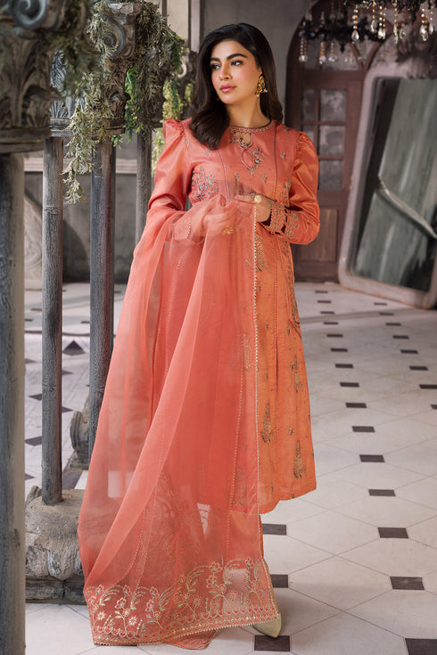 Full front view of peach embroidered frock suit showing complete ready to wear outfit