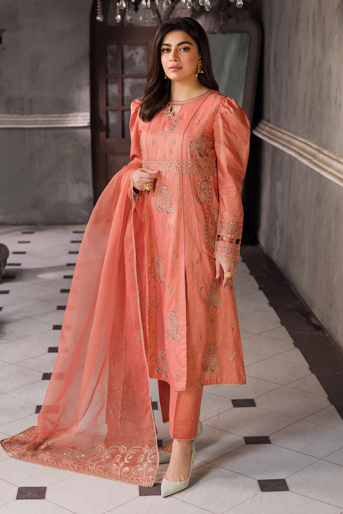 Walking pose showing A line flare and fall of peach long frock dress