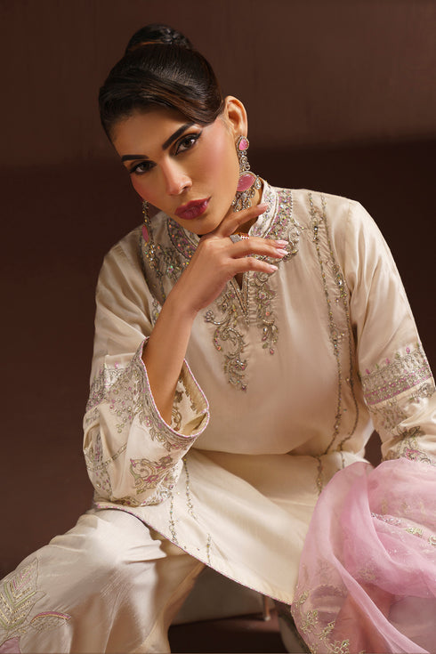 Close portrait of NAQSHI AMSAH dress highlighting hand embellished neckline and raw silk shirt texture