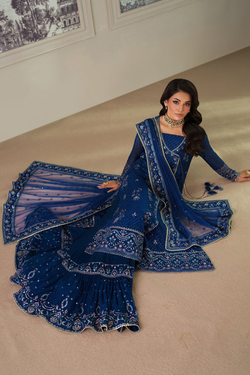 Nia by NAQSHI dupatta texture showcasing navy crinkle chiffon with subtle sequin spray and fine net border