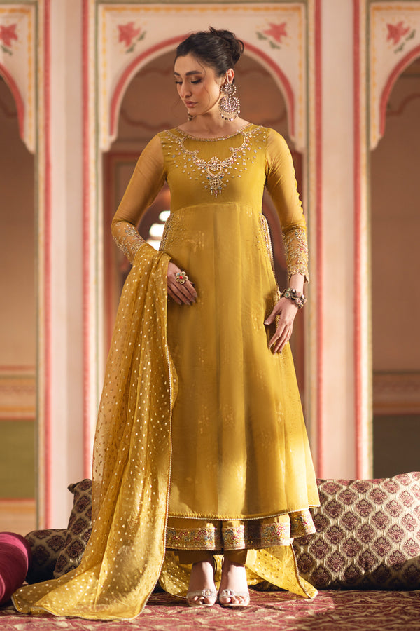 Front view of NAQSHI Mehrosh mustard organza frock with round neck, detailed embroidery, sequins & hanging tassels at side slits
