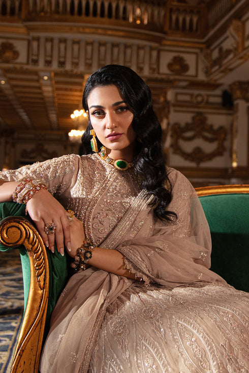 Naqshi Areeza net dupatta draped elegantly showing spray embroidery motifs, sequin accents and scalloped heavy border.