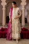 Full front view of NAQSHI Abeeha organza frock showing double layers, straight pants, and contrasting magenta dupatta.