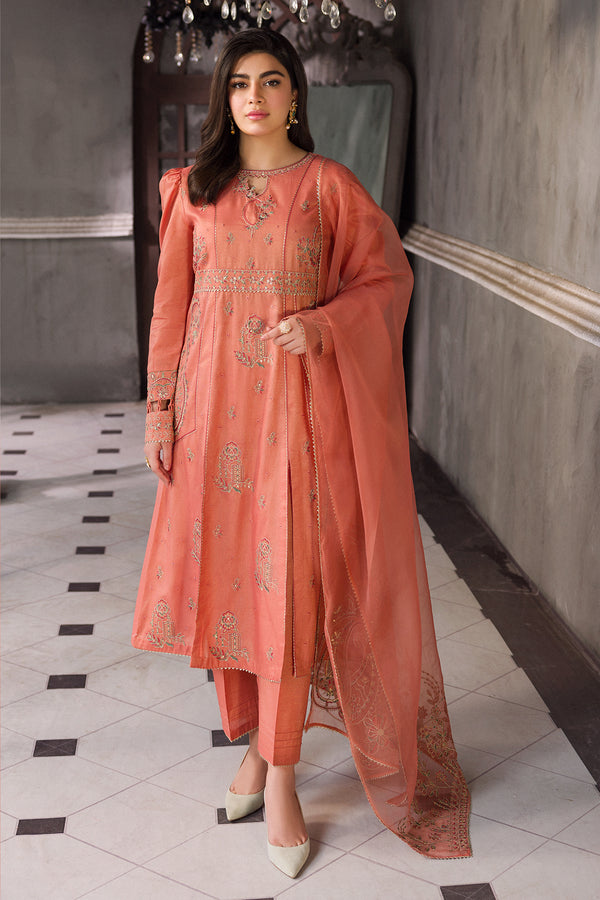 Peach A line long frock ready to wear 3 piece suit with straight trouser and organza dupatta