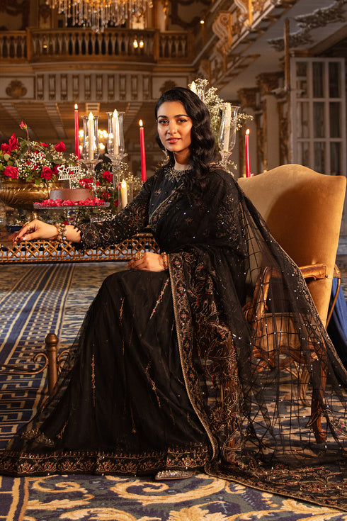 Model wearing full Naqshi Hainoor 3PC set: black embroidered blouse, draped net saree & raw‑silk petticoat styled for evening/formal wear elegance.