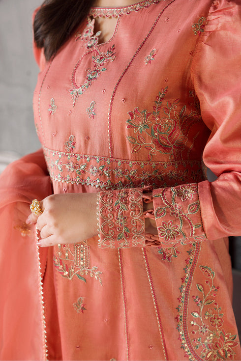 Close up of waist belt embroidery and sequin work on peach frock bodice