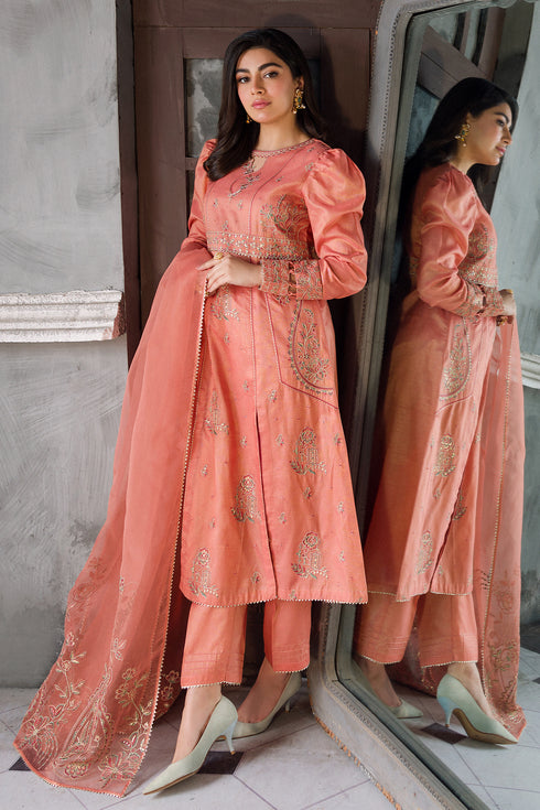 Mirror pose showing full silhouette of peach festive ready to wear dress