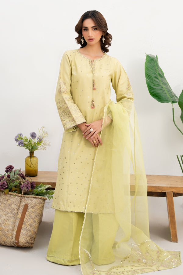 Front view of NAQSHI Neha lime Pima lawn frock with round embroidered neckline, statement tassels & lace-trim hem.