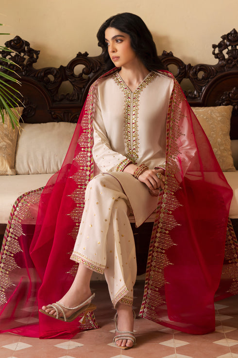 NAQSHI Abish hot‑pink organza dupatta draped elegantly to display lengthwise borders detailed with embroidery and sequin work contrasted against bright pink hue.