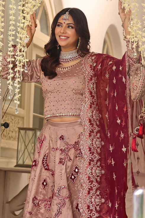 Detailed shot of lehenga floral motifs, velvet applique, crystal‑sitaree embellishments, and heavy velvet border.