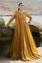 NAQSHI Ainara mustard crinkle frock front featuring round neckline with keyhole, heavily hand‑adda embellished bodice and sleeves, straight cutline over plain pants.