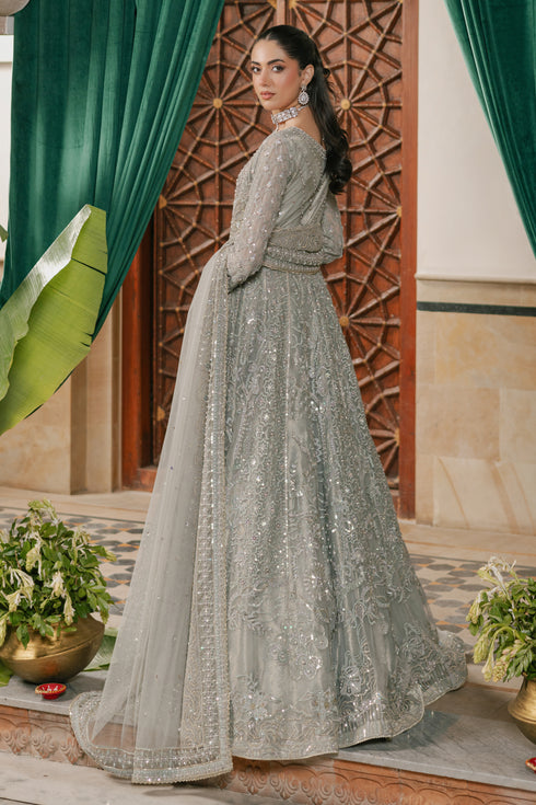 Rear view of NAQSHI Arminha frock revealing decorated back bodice with matching embellishments, sitara accents and embroidered border with minimal lace.