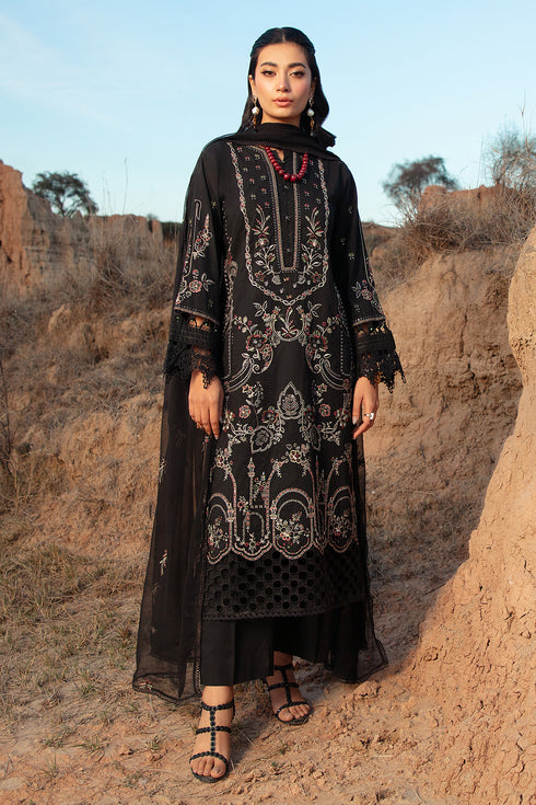 NAQSHI Surmaya black 3PC ready to wear embroidered lawn suit with long shirt, cambric trousers and crinkle dupatta for formal gatherings