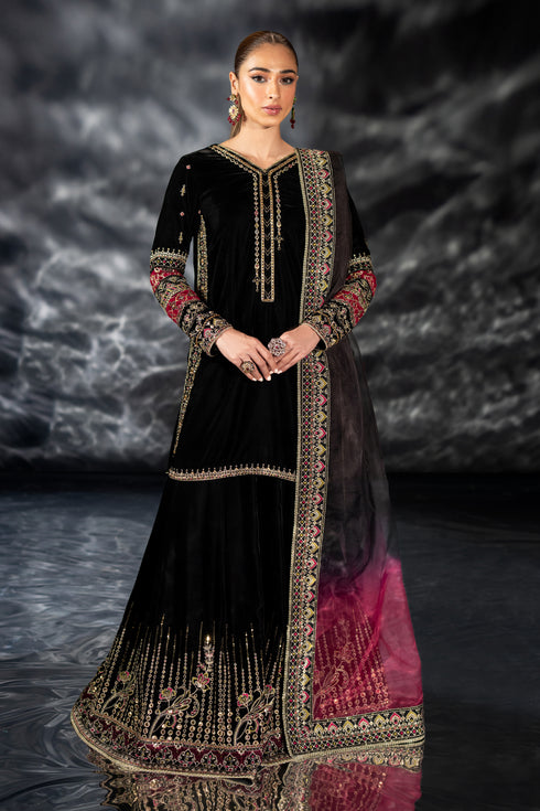 NAQSHI Adhan black velvet ready-to-wear outfit with straight shirt, paneled sharara, and pink accented dupatta for evening events