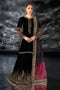 NAQSHI Adhan black velvet ready-to-wear outfit with straight shirt, paneled sharara, and pink accented dupatta for evening events