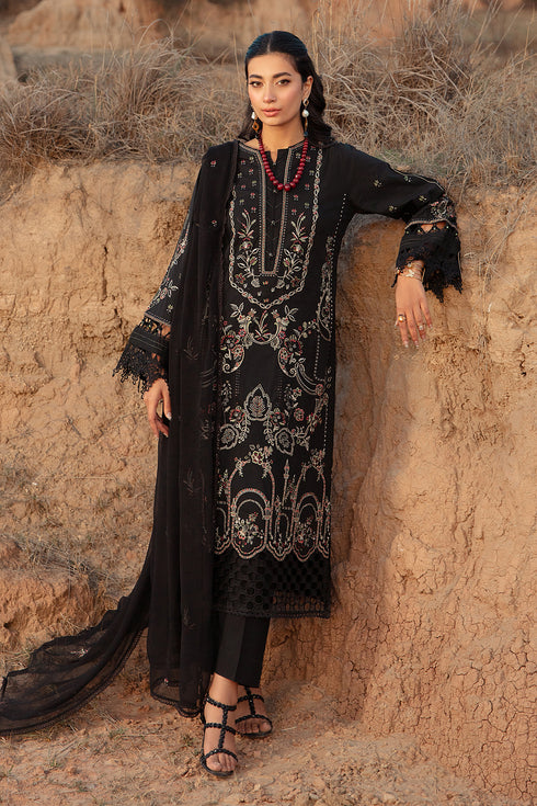 Full front view of Surmaya black embroidered long lawn shirt with straight trousers women ready to wear formal outfit