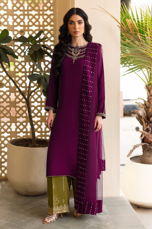 NAQSHI Irma wine-purple raw-silk straight shirt with rear-to-neck neckline, heavy hand-adda embellishments (kora, dabka, naqshi, sitara, cut dana, crystals) on neck, sleeves & hem, paired with olive-green culottes.
