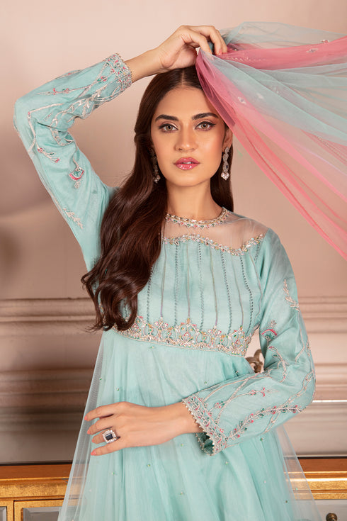 Close portrait of Glory powder blue festive dress featuring tie dye dupatta and sequin work, ready to wear celebration outfit.