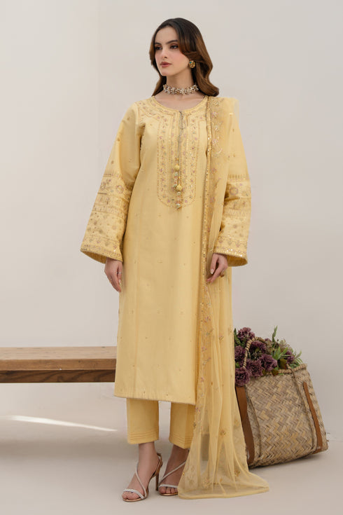 Full shot of NAQSHI Payal pleated cambric trousers with tilla-lace trim at hem.