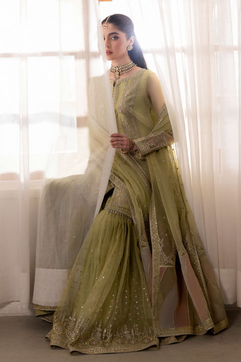 Naqshi eraj organza gharara close‑up showing puffy gathers, embroidered lace border and mini motif sequin spread along pant legs.