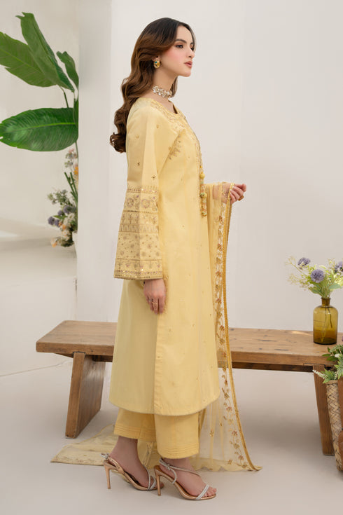Side angle of NAQSHI Payal showing loose embroidered sleeve, tilla lace cuff and delicate tassel detailing.