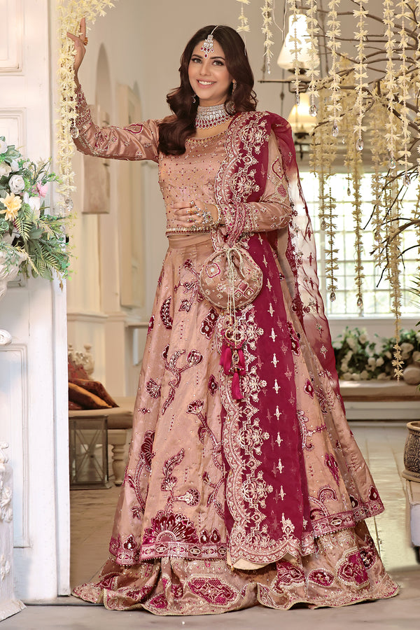 Naqshi Anamta rose‑pink tissue choli adorned with heavy naqshi‑dabka & mirror embroidery, fitted full sleeves, deep‑back tassels, floral lehenga with velvet applique, and matching dupatta.