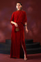 Shayna blood orange velvet kaftan by NAQSHI, full front view of draped embellished long kaftan dress with side slit and waist bead belt, ready to wear 1-piece formal evening outfit.