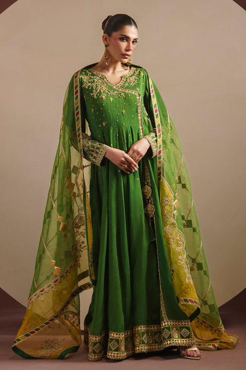 NAQSHI KEZIA mehndi green angrakha frock in raw silk with heavy embroidered border and organza dupatta formal ready to wear dress