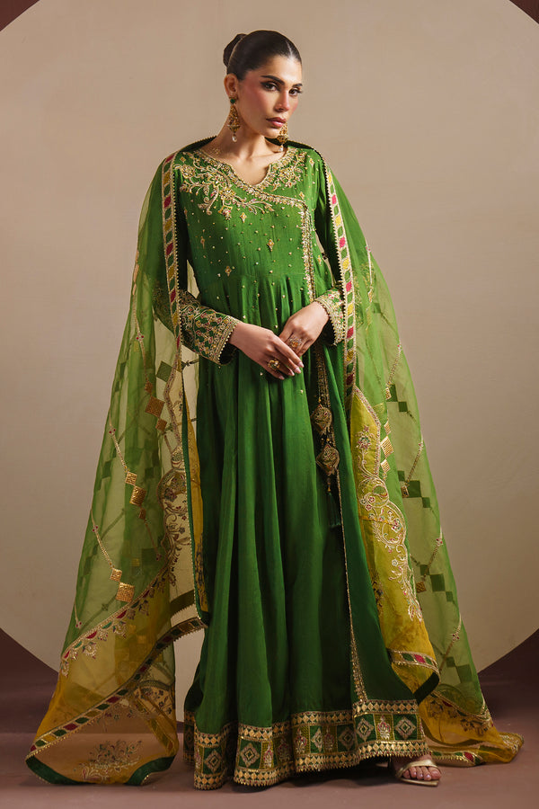 NAQSHI KEZIA mehndi green angrakha frock in raw silk with heavy embroidered border and organza dupatta formal ready to wear dress
