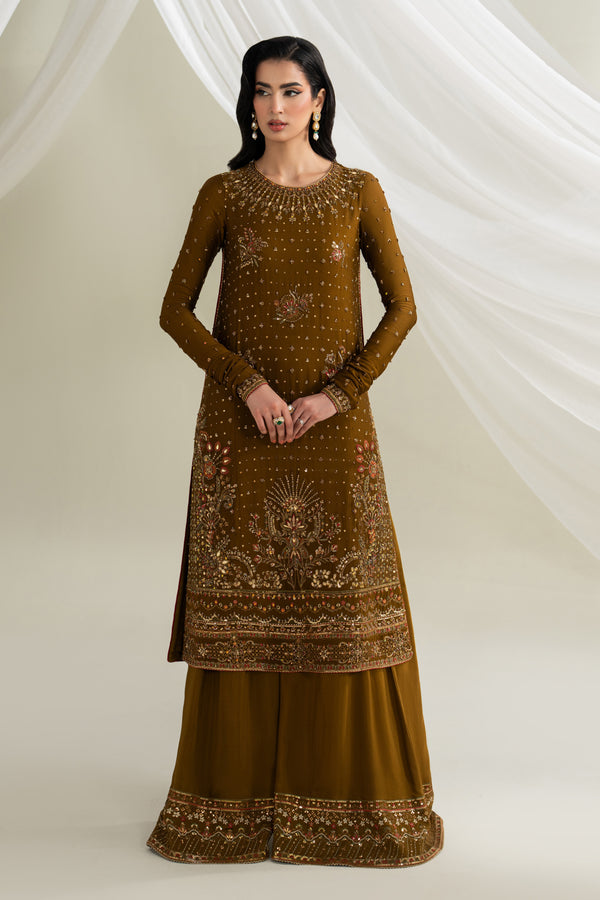 Deep brown embroidered formal long shirt with flared trousers and dupatta, full front view, elegant ready-to-wear outfit for weddings and evening events