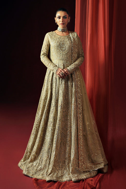 NAQSHI Karishma pistachio net and PK raw silk gown with hand-adda embroidered bodice, stylized neckline and sequin accents