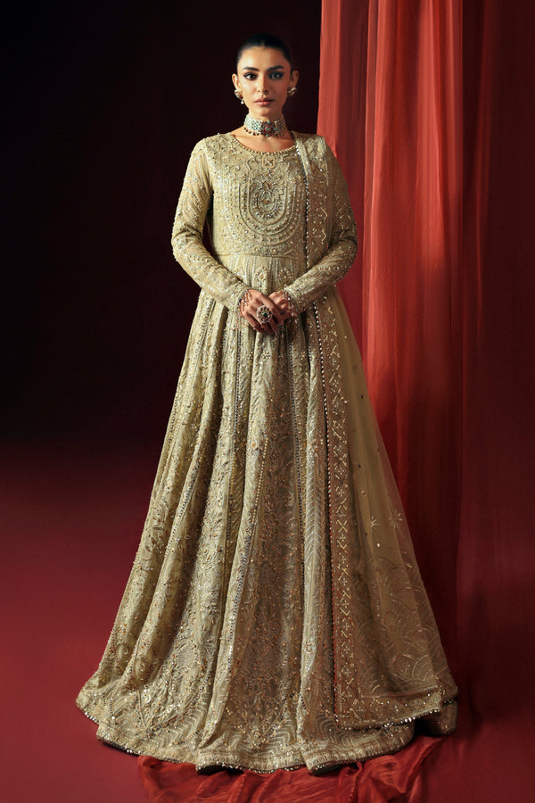 NAQSHI Karishma pistachio net and PK raw silk gown with hand-adda embroidered bodice, stylized neckline and sequin accents