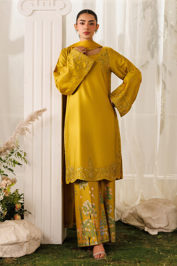 NAQSHI Kate mustard ready-to-wear casual outfit with cotton satin straight shirt, printed culotte trousers, and net dupatta
